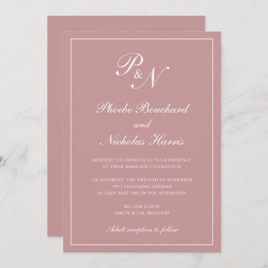 Elegante formale Monogram Dusty Rose Pink Wedding Einladung (Vorne/Hinten)