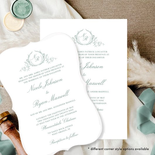 Elegante formale Monogram Pale Green Wedding Einladung
