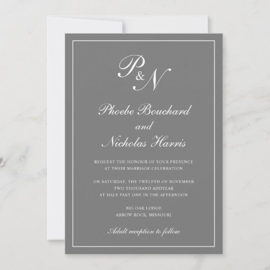 Elegante formale Monogram Simple Gray Wedding Einladung (Vorderseite)