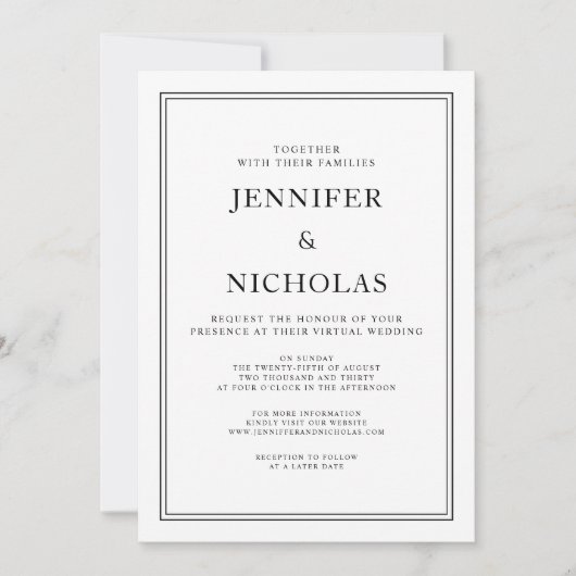Elegante formale Schwarz-Weiß-Virtuelle Hochzeit Einladung (Vorderseite)
