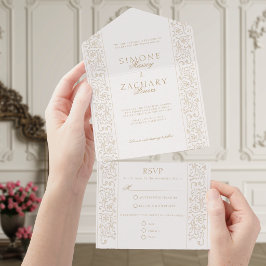 Elegante formelle Ecru-Rollenwerk-Rand-Hochzeit All In One Einladung