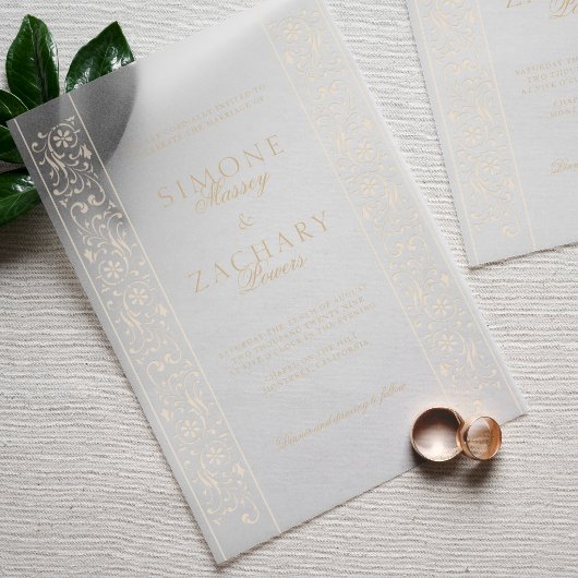Elegante formelle Ecru-Rollenwerk-Rand-Hochzeit Pergament Einladungen