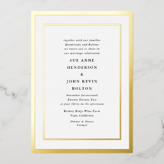 Elegante formelle Goldleaf-Hochzeit Folieneinladung (Vorderseite)