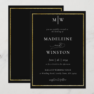 Elegante formelle Initials Schwarz-weiße Goldhochz Einladung