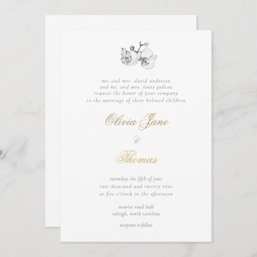 Elegante formelle Minimal Moderne Blumengoldene Ho Einladung (Vorne/Hinten)