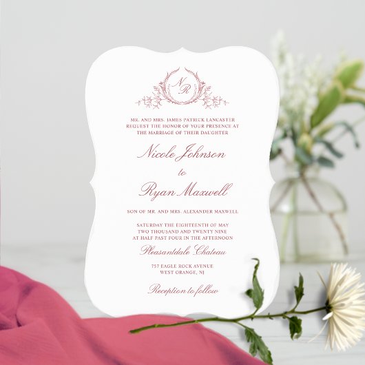 Elegante formelle Monogram Burgundy Wedding Einladung