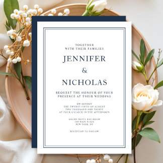 Elegante formelle Navy-Blau-Hochzeit Einladung