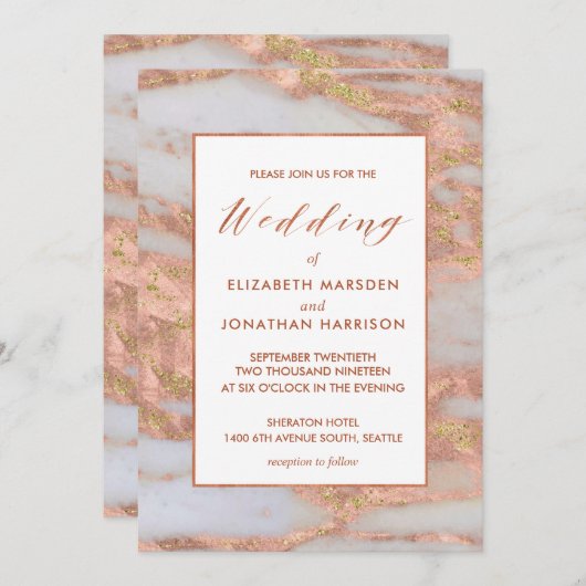 Elegante formelle Rose Gold Marble Script Hochzeit Einladung (Vorne/Hinten)