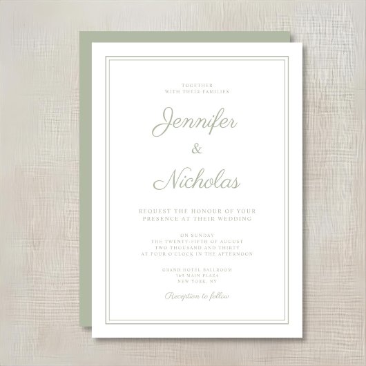Elegante formelle Sage Green Script Hochzeit Einladung