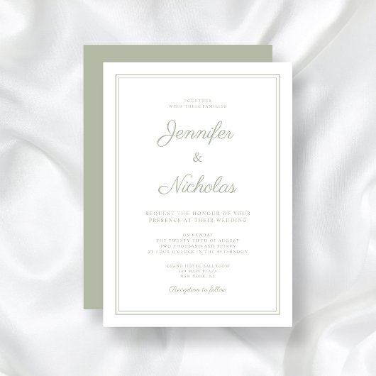Elegante formelle Sage Green Script Hochzeit Einladung