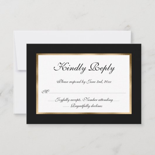 Elegante formelle Schwarz-weiße Gold Wedding RSVP Einladung (Vorderseite)