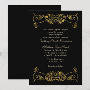 Elegante formelle schwarze und goldene Hochzeit Einladung