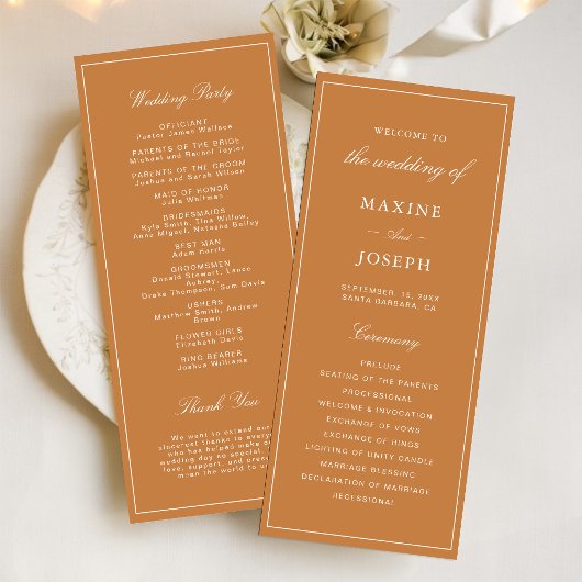 Elegante formelle verbrannte orange Hochzeit Programm