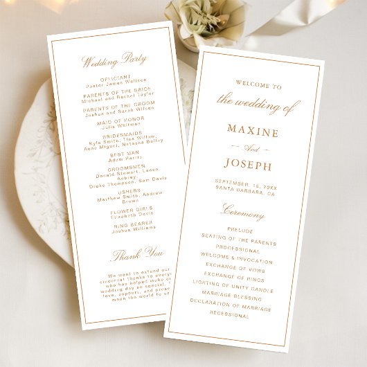 Elegante formelle verbrannte orange Hochzeit Programm