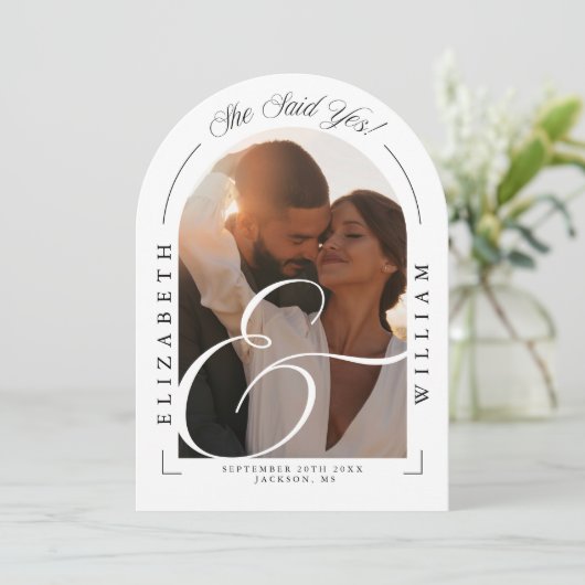 Elegante Foto Arch Calligrafy Engagement Party Einladung (Stehend Vorderseite)