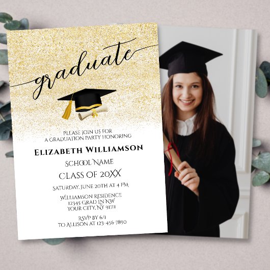 Elegante Foto Black Gold Script Graduation Party Einladung