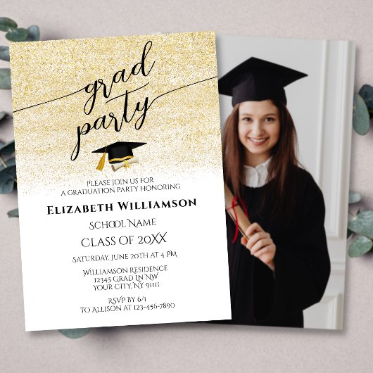 Elegante Foto Black Gold Script Graduation Party Einladung