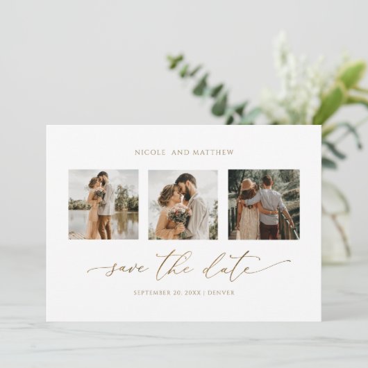 Elegante Foto Collage Minimalistisch Hochzeit Save The Date (Stehend Vorderseite)
