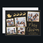 Elegante Foto Collage Santa Maria degli Angeli Feiertagskarte<br><div class="desc">Elegante Schwarz-Gold-Urlaubskarte mit einer 5-Foto-Collage verstreuter Bilder in Rahmen,  eine Silhouette von Rentieren,  die den Schlitten des Weihnachtsmanns fliegen,  "Frohe Weihnachten" in einem stilvollen Drehbuch und Ihren Namen in schlichter moderner Typografie.</div>