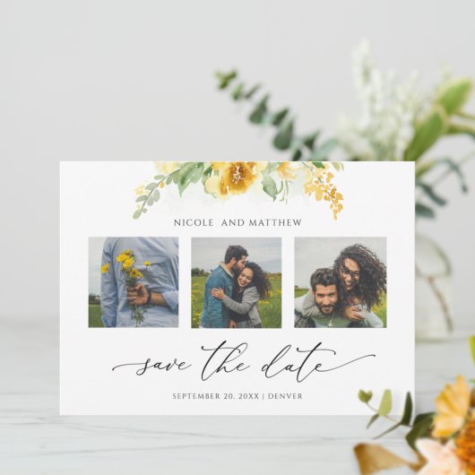 Elegante Foto Collage Yellow Floral Wedding Save The Date