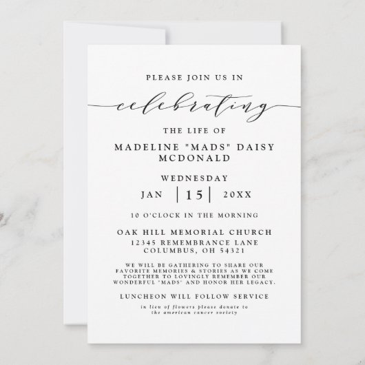 ELEGANTE FOTO-FEIERUNG LEBEN MEMORIAL FUNERAL EINLADUNG (Rückseite)