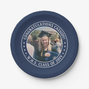 Elegante Foto Navy Blue and White Graduation Party Pappteller