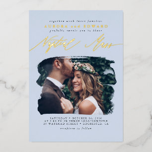 Elegante Foto-Overlay Dusty Blue Boho Hochzeitsmes Folieneinladung