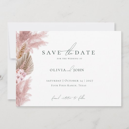 Elegante Foto Pampasgras Hochzeit Save the Date  (Vorderseite)