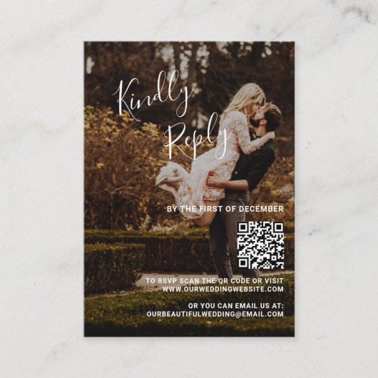 Elegante Foto QR Code Wedding Mini RSVP Karte (Vorderseite)