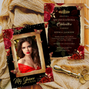 Elegante Foto Quinceanera rote Rosen-Gold-Geburtst Folieneinladung