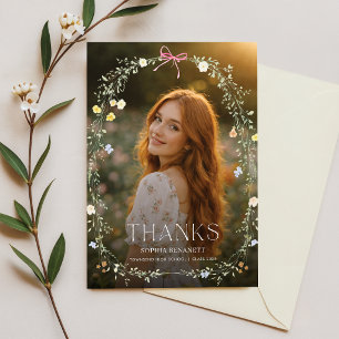 Elegante Foto Rosa Schleife Floral Abschluss Danke Postkarte
