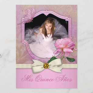 Elegante Foto Rosa Schmetterling Rose Quinceanera Einladung
