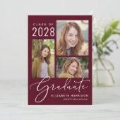 Elegante Foto Script Burgundy Graduation Party Einladung (Stehend Vorderseite)