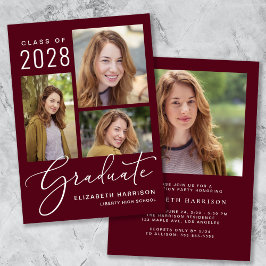 Elegante Foto Script Burgundy Graduation Party Einladung