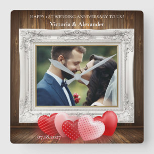 Elegante Foto-Uhr zum ersten Mal Hochzeitstag Quadratische Wanduhr