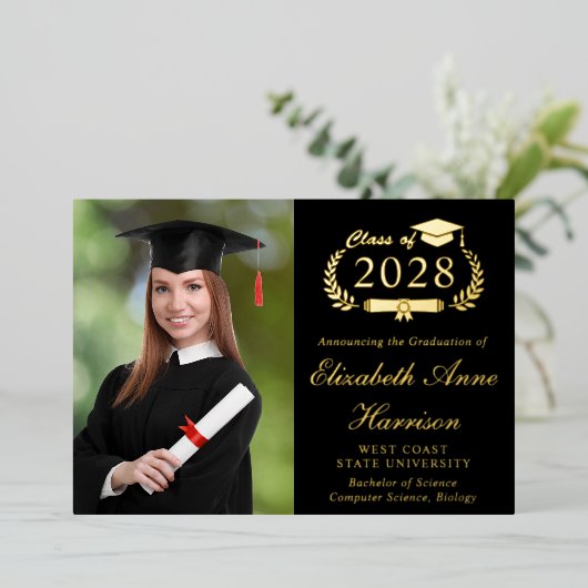 Elegante Foto Uni Black Graduation Party Folieneinladung (Stehend vorne)