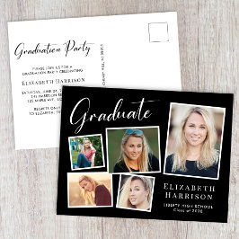 Elegante Fotocollage Black Graduation Party Einladungspostkarte