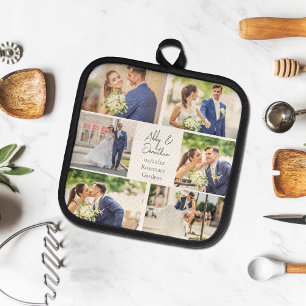 Elegante Fotocollage für frisch Vermählte Topflappen