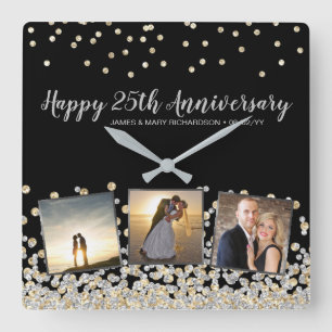 Elegante Fotocollage Gold Silber 25. Hochzeitstag Quadratische Wanduhr