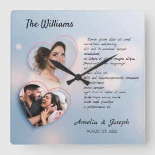 Elegante Fotocollage-Hochzeitsuhr mit Text Quadratische Wanduhr