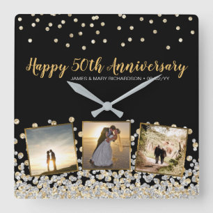 Elegante Fotocollage Silber Gold 50. Hochzeitstag Quadratische Wanduhr