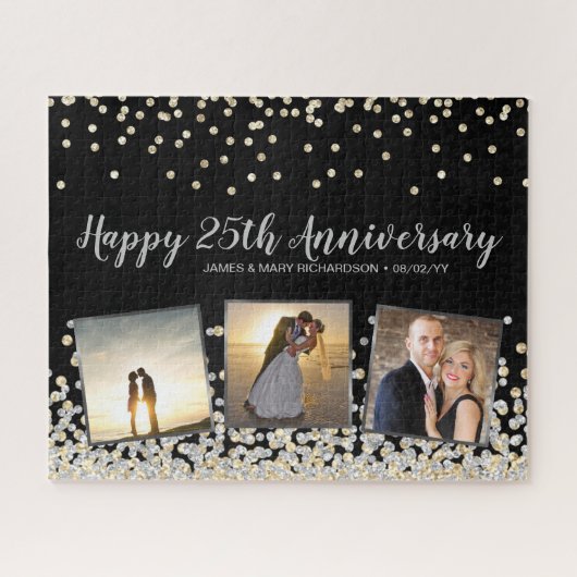 Elegante FotoCollage Silver Gold 25 Jahre Puzzle (Horizontal)