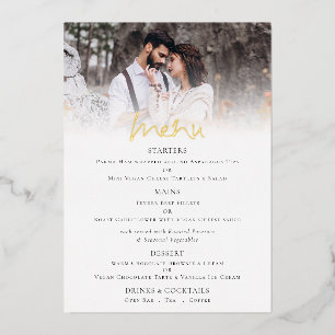 Elegante Fotografie Hochzeitsmenükarte aus echter Folieneinladung