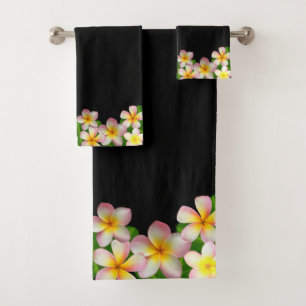 Elegante Frangipani-Plumerien-Blumen auf Schwarz Badhandtuch Set