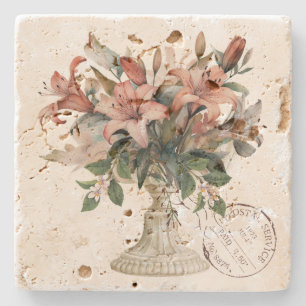 Elegante französische Aquarellblumen mit Stempel Steinuntersetzer
