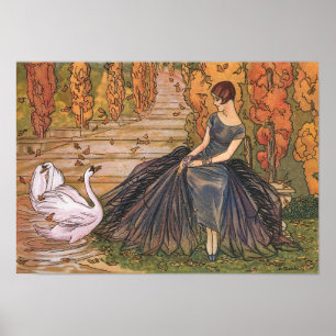 Elegante französische Art Deco Frau und Schwanente Poster
