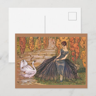 Elegante französische Art Deco Frau und Schwanente Postkarte
