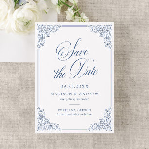Elegante französische blaue verzierte Rahmen Hochz Save The Date