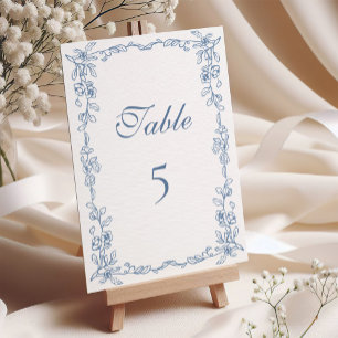 Elegante französische blaue Vintage-Blumenhochzeit Tischnummer