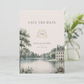 Elegante französische Château-Monogramm-Hochzeit Save The Date (Stehend Vorderseite)